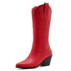 ZXHYZLZ RED COWBOY BOOTS FOR WOMEN - MID CALF EMBROIDERED COWGIRL BOOTS, SL